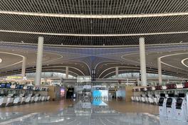 Interior of Qingdao Jiaodong Airport Terminal 1 with check-in counters and sweeping curved ceiling — Photo: Ginbayashi / CC BY-SA 4.0 via Wikimedia Commons